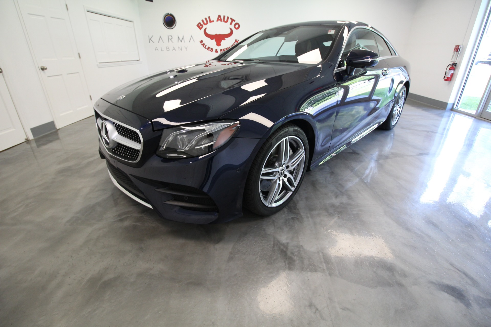 Used 2019 Lunar Blue Metallic Mercedes-Benz E-Class E450 Coupe 4MATIC AMG Line Low Miles | Albany, NY